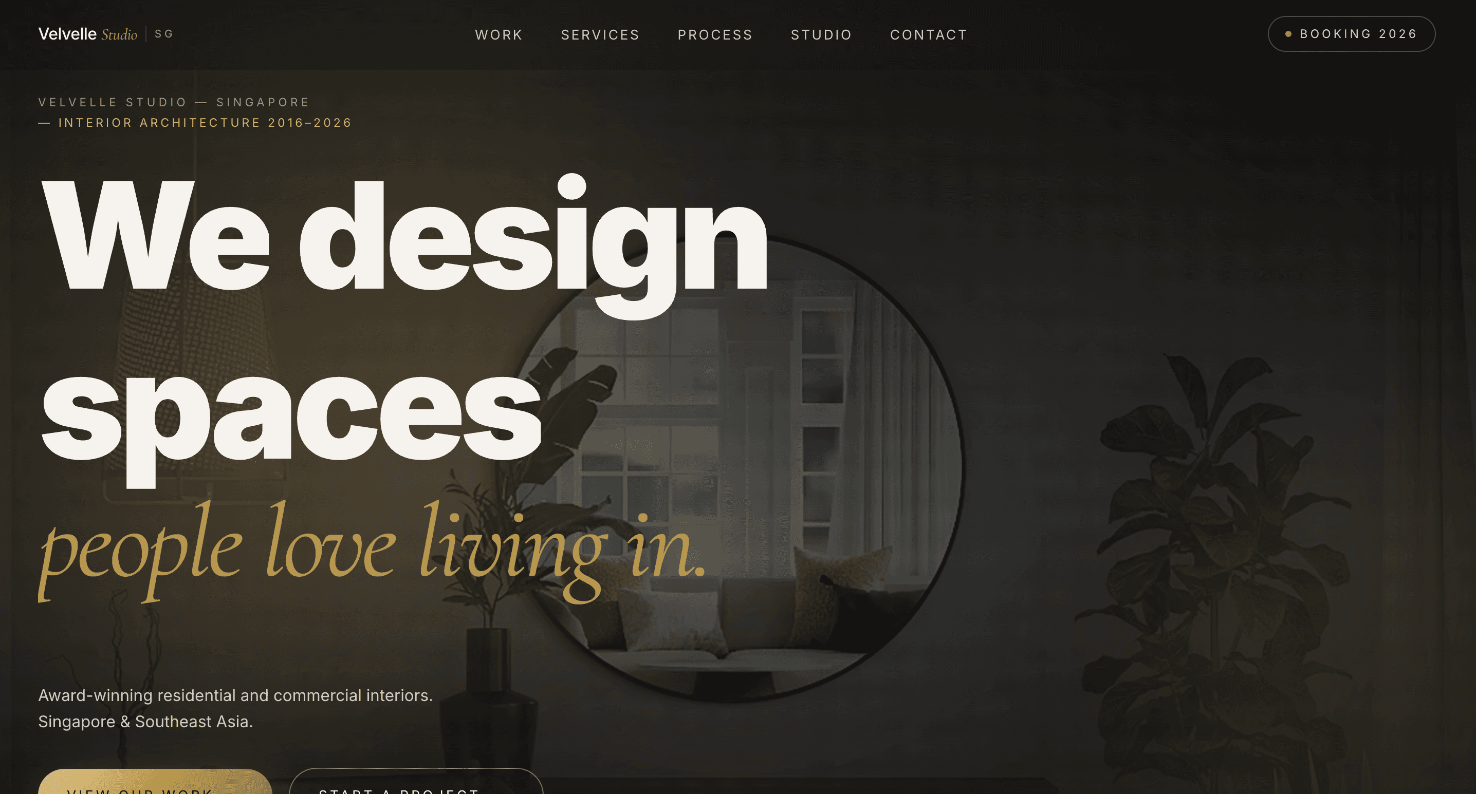 Velvelle Studio — Interior design firm. Dark hero with large serif headline over a lifestyle interior photograph.